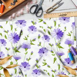 Ткань бифлекс васильки и сочная листва на бежевом фоне