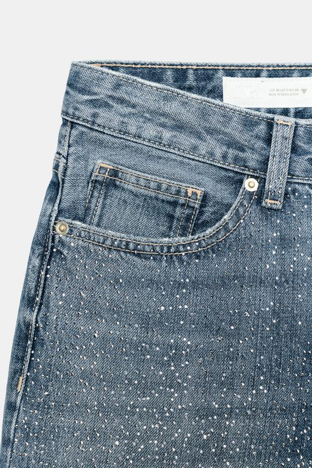 ZARA ДЖИНСЫ TRF ПРЯМОГО КРОЯ С НИЗКОЙ ПОСАДКОЙ И БЛЕСТКАМИ, МОРСКОЙ СИНИЙ