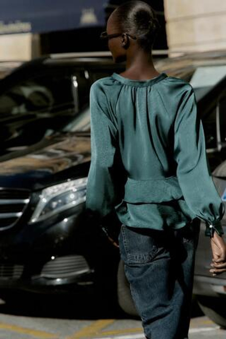 ZARA БЛУЗА С ВОЛАНАМИ, СИНЕ-ЗЕЛЕНЫЙ