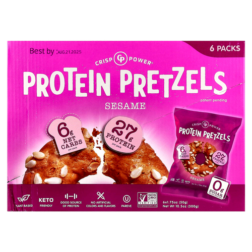 Crisp Power, Протеиновые крендели с кунжутом, 6 пакетиков по 50 г (1,75 унции)