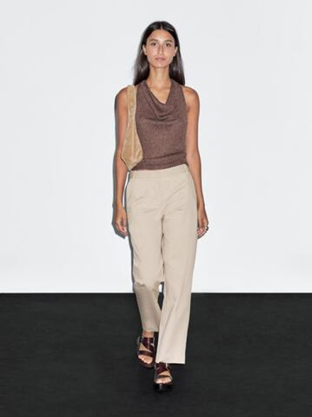 Massimo Dutti Брюки прямого кроя из смесового хлопка, бежевый