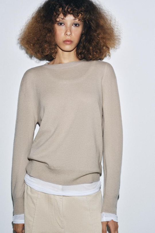 ZARA СВИТЕР ИЗ 100% ЭКСТРАМЯГКОЙ ШЕРСТИ, БЕЖЕВЫЙ