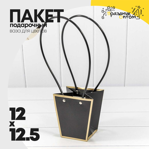 Пакет подарочный 12.5х12х8см Ваза для цветов с золотой рамкой (Черный)