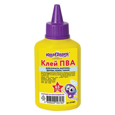 Клей ПВА (ЮНЛАНДИЯ) для бумаги, картона, дерева, 65 г, 227380