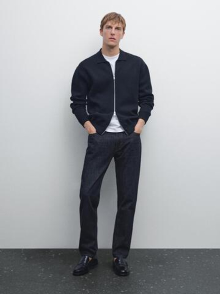 Massimo Dutti Кардиган из смесового хлопка с застежкой-молнией, темно-синий