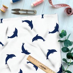 Ткань премиум атлас синие дельфины на белом