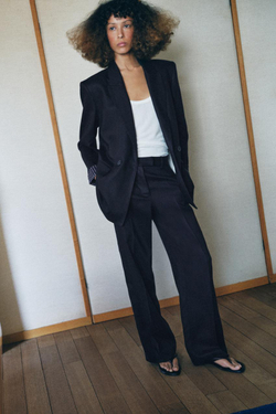 ZARA ДВУБОРТНЫЙ ЛЬНЯНОЙ БЛЕЙЗЕР СО СКАТАННЫМИ РУКАВАМИ, МОРСКОЙ СИНИЙ