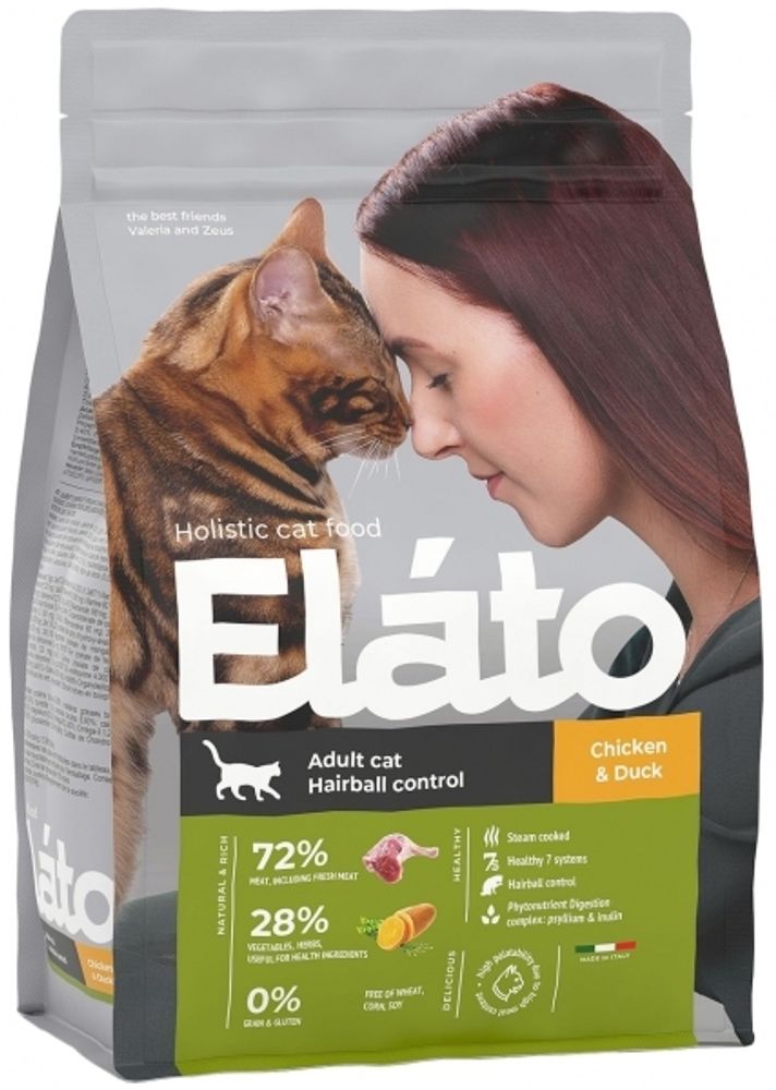 Elato 300г Holistic Сухой корм для кошек, для выведения шерсти, с курицей и уткой