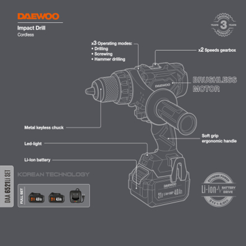 Дрель-шуруповерт аккумуляторная DAEWOO DAA 6521LI SET
