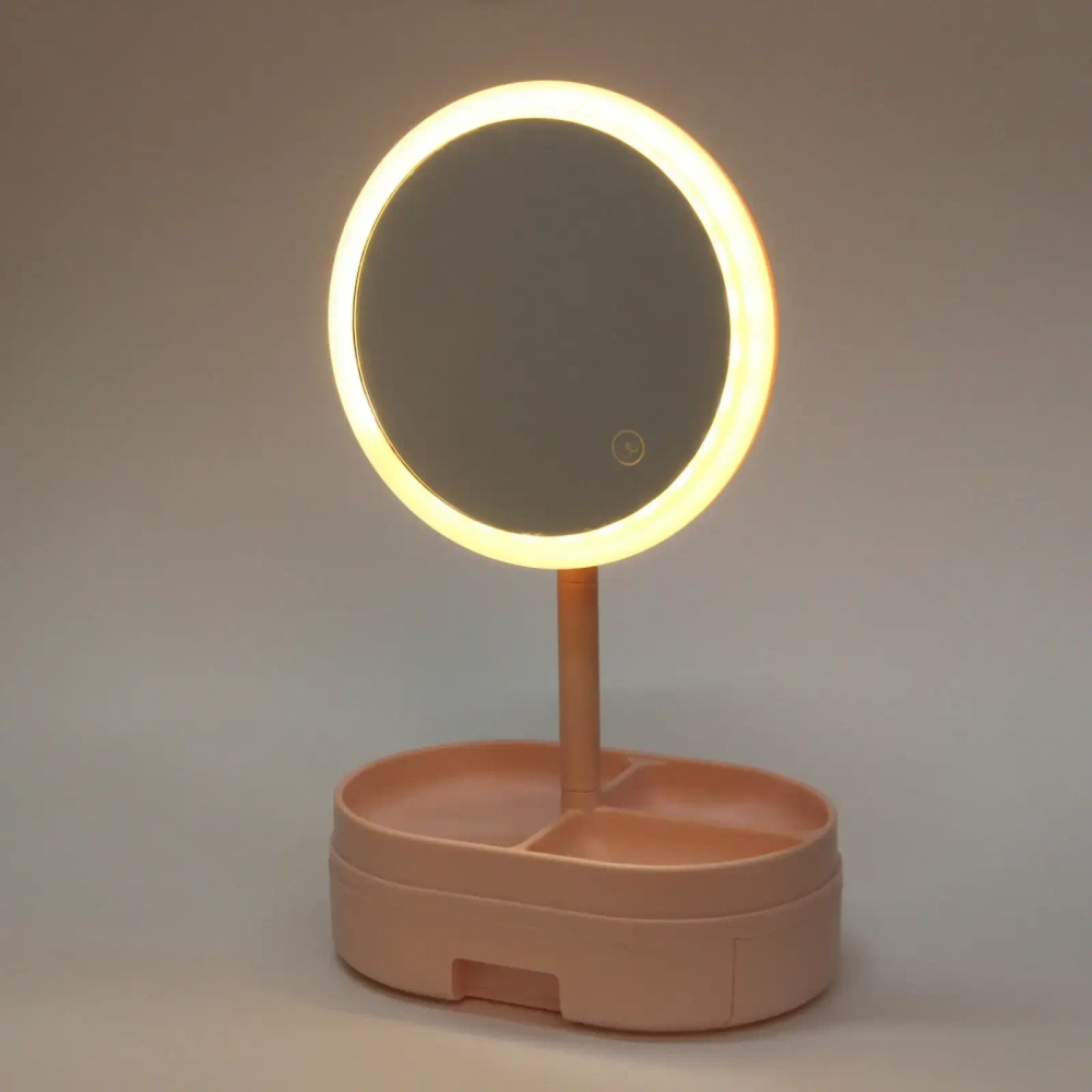 Зеркало настольное с подсветкой и органайзером «Beauty», цвет розовый, USB, 35*18см