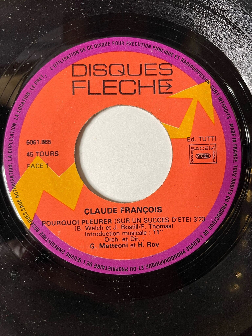 Винтажная виниловая пластинка LP Claude Francois Pourquoi Pleurer (Sur Un Succes D'ete) (France 1975) 7 дюймов
