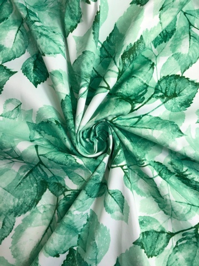 Атлас принт листья зеленые на белом, плотный, глянцевый NEW PARIS D6C1