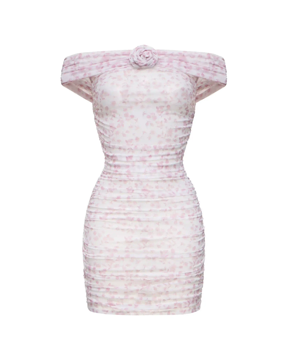 Iren rose mini, платье мини из молочной сетки с мелкими светло-розовыми цветами и розой