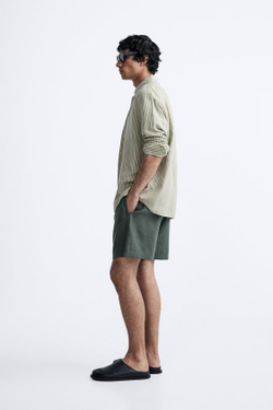 ZARA ШОРТЫ ИЗ ХЛОПКА И ЛЬНА, ЗЕЛЕНЫЙ