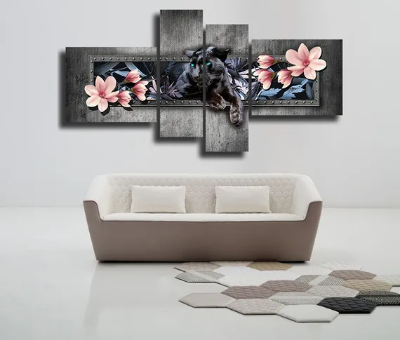 Модульная картина "Пантера и цветы"