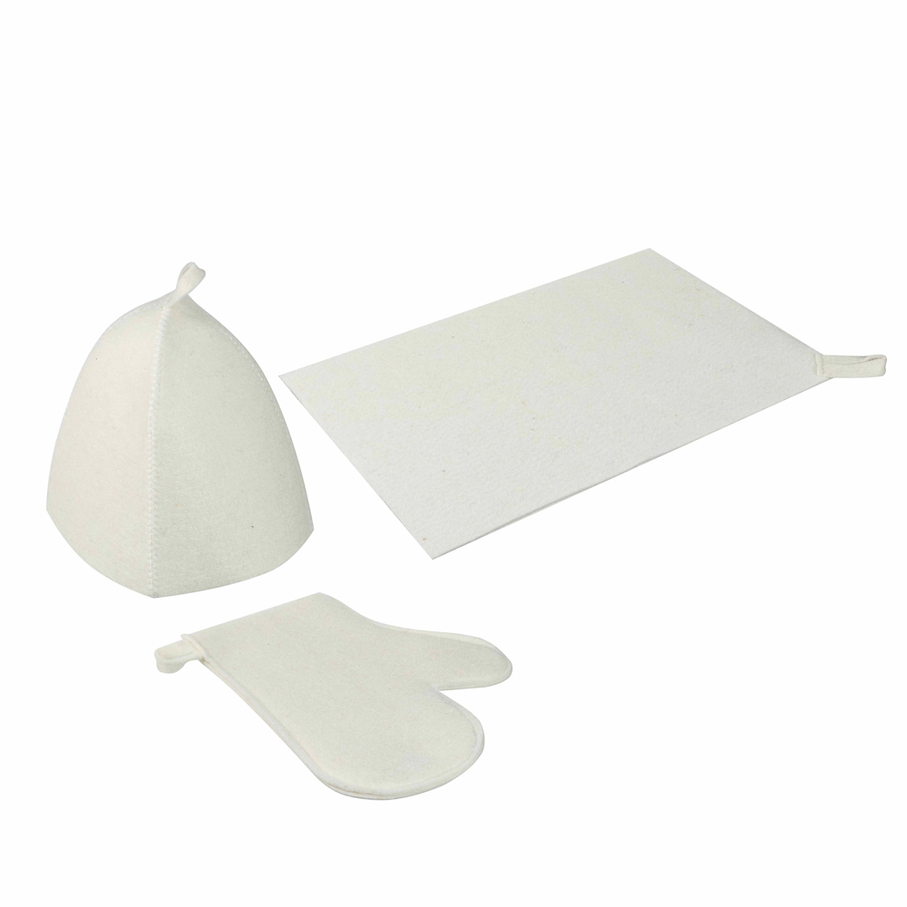 Набор банный ЭКОНОМ 3 предмета (шапка, коврик, рукавица) в пакете, войлок белый/серый