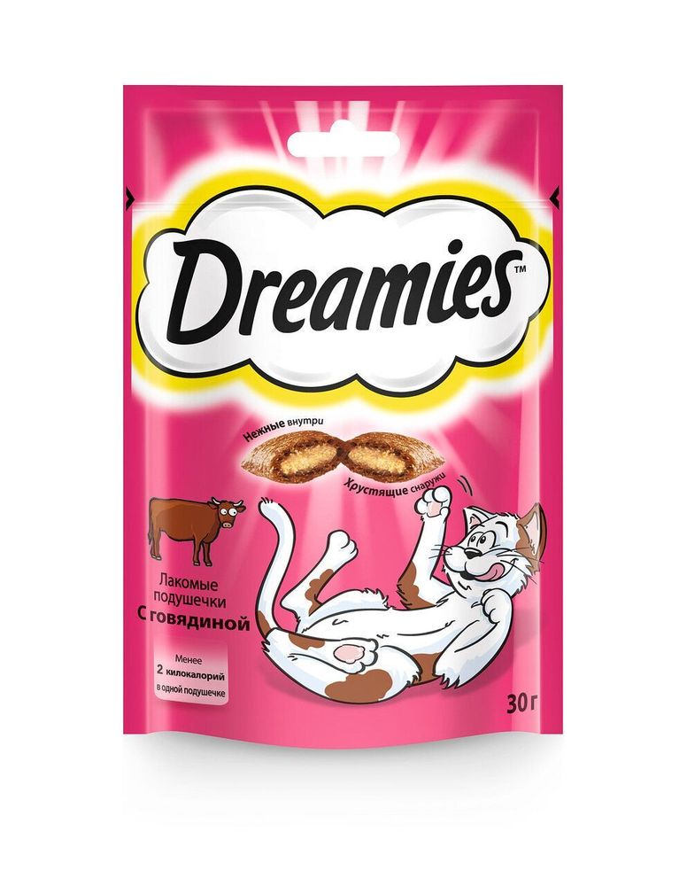 Лакомство Dreamies для кошек лакомые подушечки с говядиной 30 г