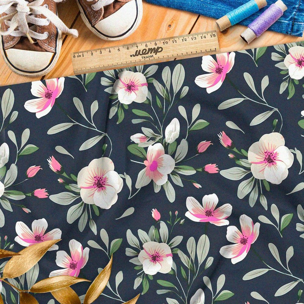 Ткань премиум шелк искусственный Армани вечерняя цветочная фантазия