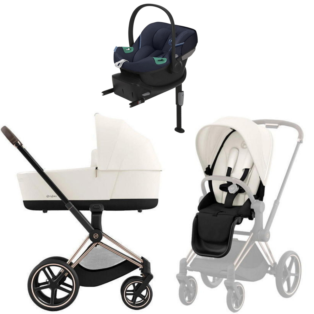 Коляска Cybex Priam IV Rosegold complete Aton S2 Ocean Blue Base One 4 в 1 Off White