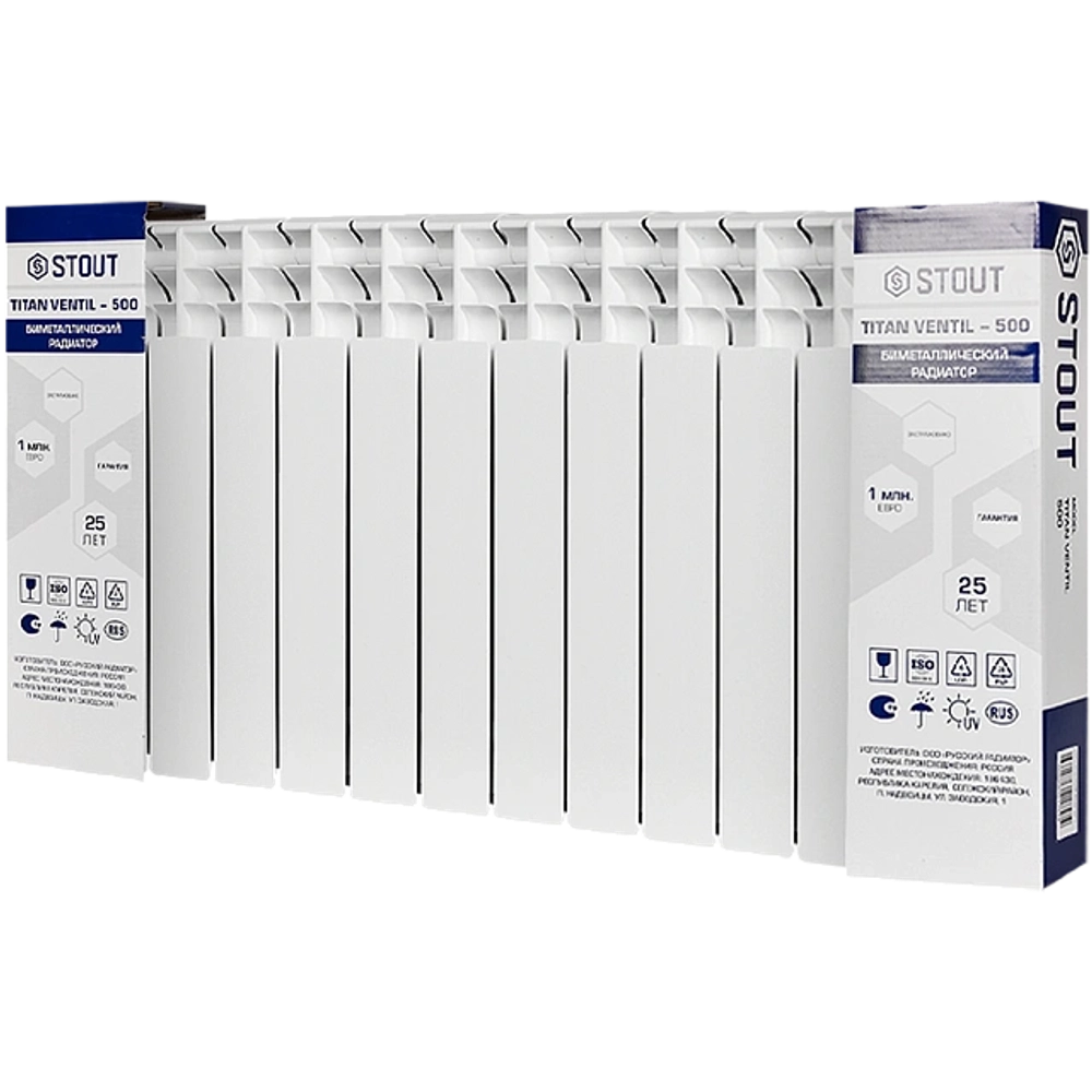 Радиатор биметаллический STOUT TITAN VENTIL 500 - 12 секций (подключение нижнее правое, цвет белый)