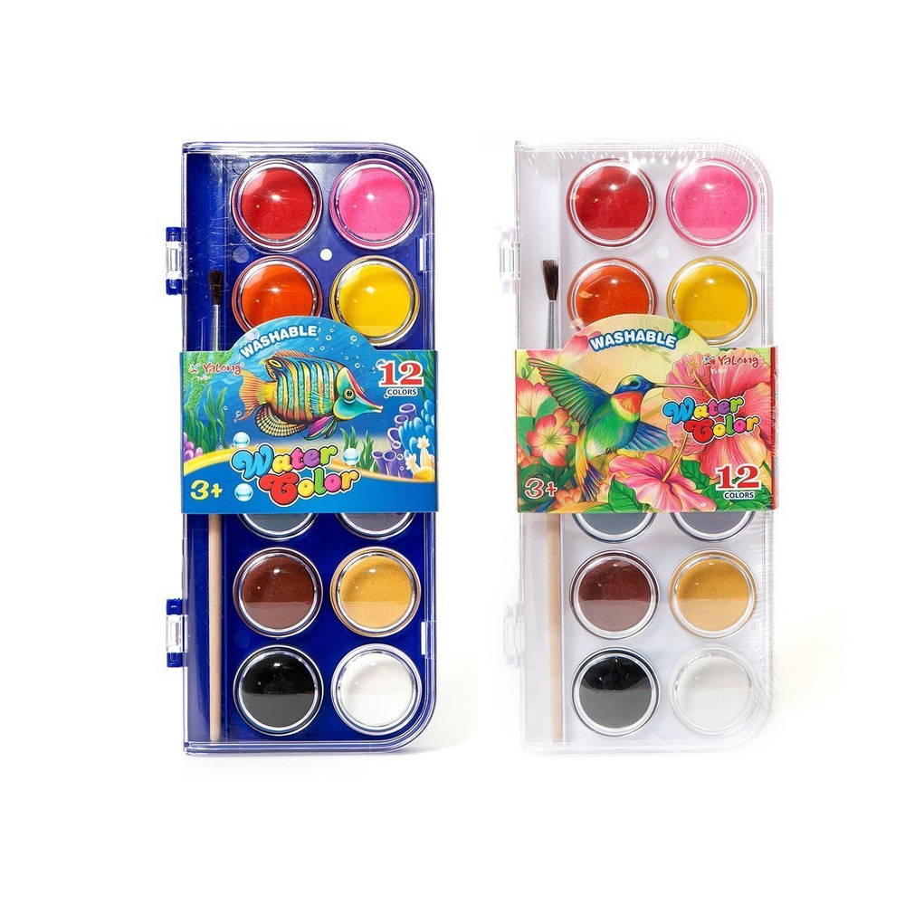 Акварель Yalong меловая 12 цветов, "Animal" с кистью, пластик. упаковка.