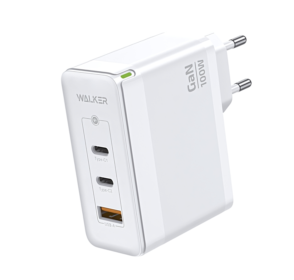 Зарядное устройство WALKER WH-47 GaN, 3.25А, 100Вт, USB/Type-Cx2, поддержка QC+PD, белое