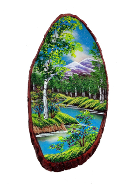 Картина на срезе дерева "Лесная речка 2" 50-55 см 1100гр