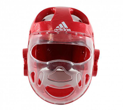 Шлем для тхэквондо Adidas с защитной маской красный. Вид спереди.