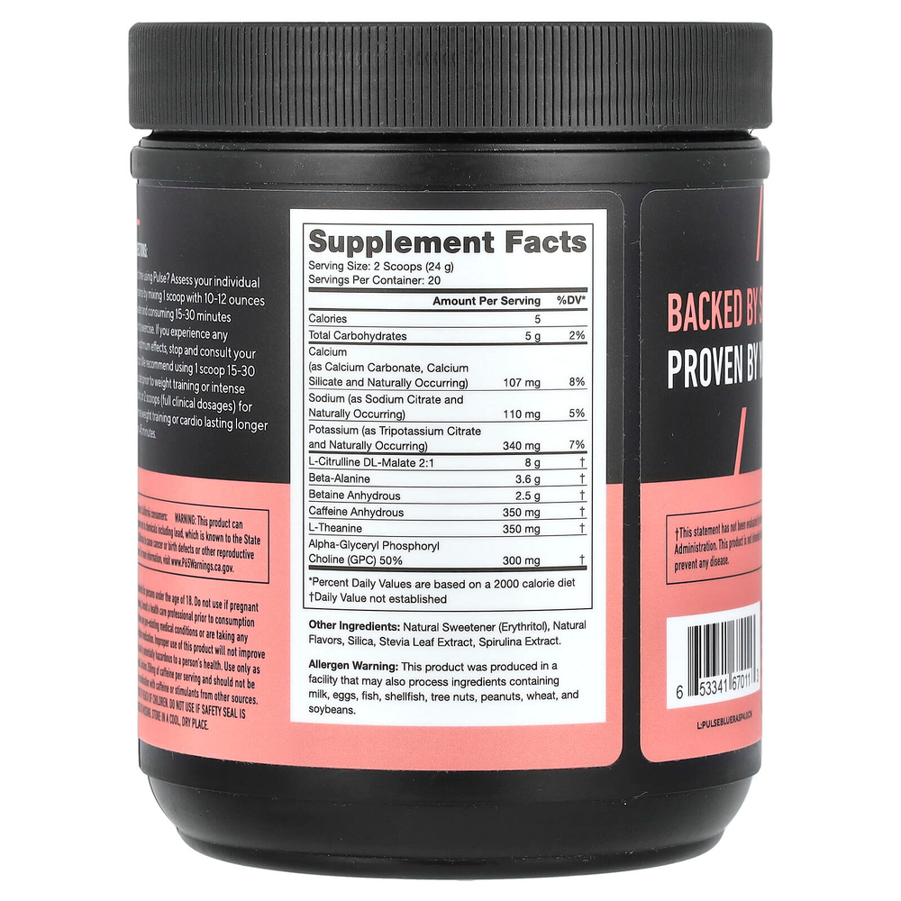 Legion Athletics, Pulse, предтренировочный напиток, голубая малина, 480 г (1,06 фунта)