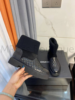 Женские демисезонные черные комбинированные ботинки Chanel (Шанель) премиум класса