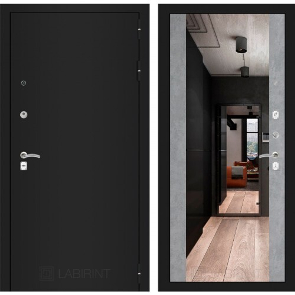 Дверь Входная Лабиринт CLASSIC шагрень черная С зеркалом Максимум Бетон светлый
