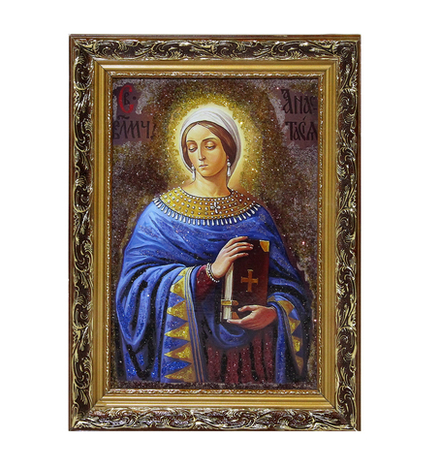 Икона репродукция №3 "Святой Анастасии Узорешительнице" в деревянном багете с подсыпкой уральскими минералами, размер 37-37-2.2см