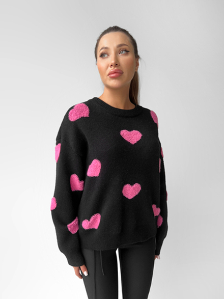 Свитер Yixuan 5011 трикотажный на манжете с сердцами однотонный чёрный