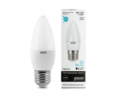 Лампа Gauss Elementary Свеча E27 6W(450lm) 4100K 4K 100x37 матовая, пластик/алюминий 33226