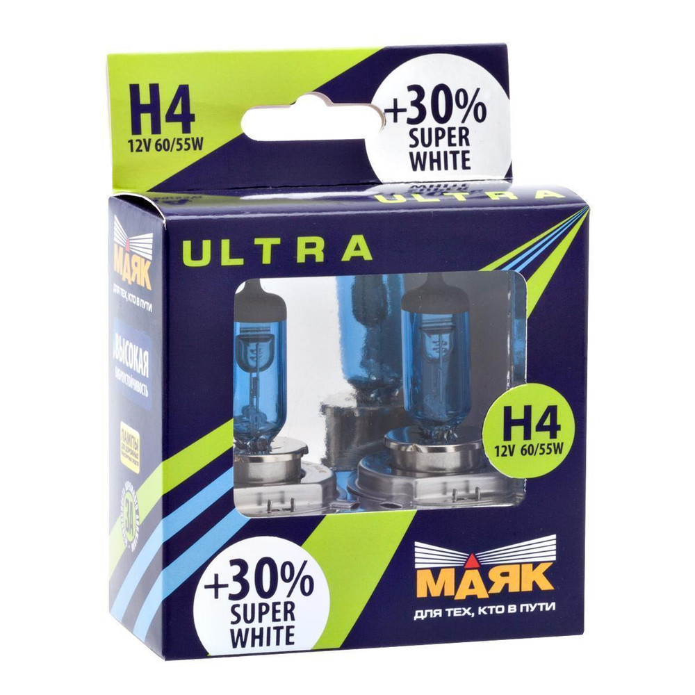 Лампа 12 В H4 60/55 Вт Р43 Ultra Super White галогенная 2 шт. Маяк