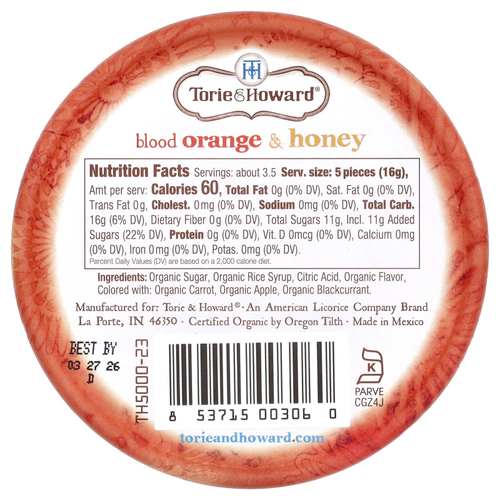 Torie & Howard, Органические леденцы, красный апельсин и мед, 57 г (2 унции)