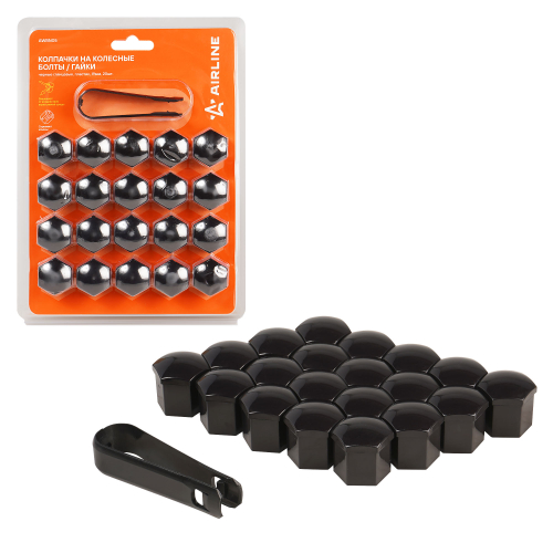 Колпачки на колесные болты и гайки 19 мм 20 шт +съёмник черные глянцевые пластик Airline