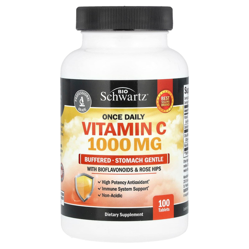 BioSchwartz, буферизованный витамин C для приёма раз в день, с биофлавоноидами и шиповником, не раздражает желудок, 100 таблеток