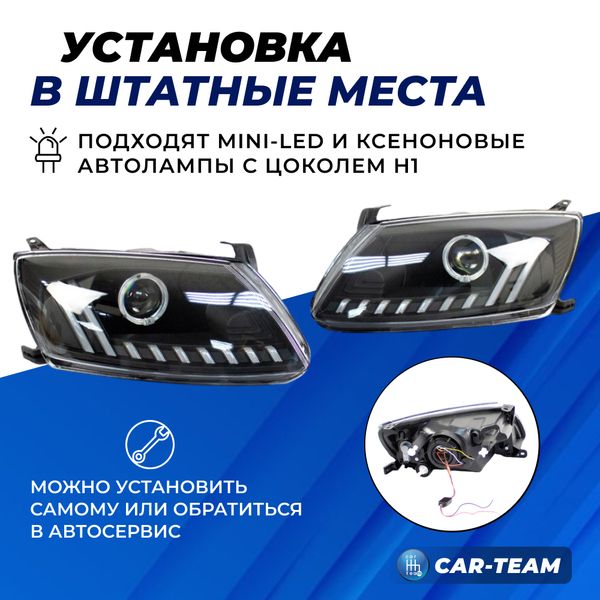 Фары Лада Гранта передние в стиле AUDI  круглые би линзы с ангельскими глазками + ДХО с плавающими поворотниками