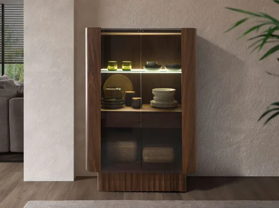 Высокий буфет 3273/TV-24051 из ореха и закаленного стекла с подсветкой