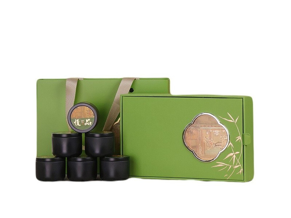 269124.3 Набор подарочный ВПЕЧАТЛЕНИЕ 6 банок, размер 5,5*4,2см, коробка, сумка, картон/ жесть зелен