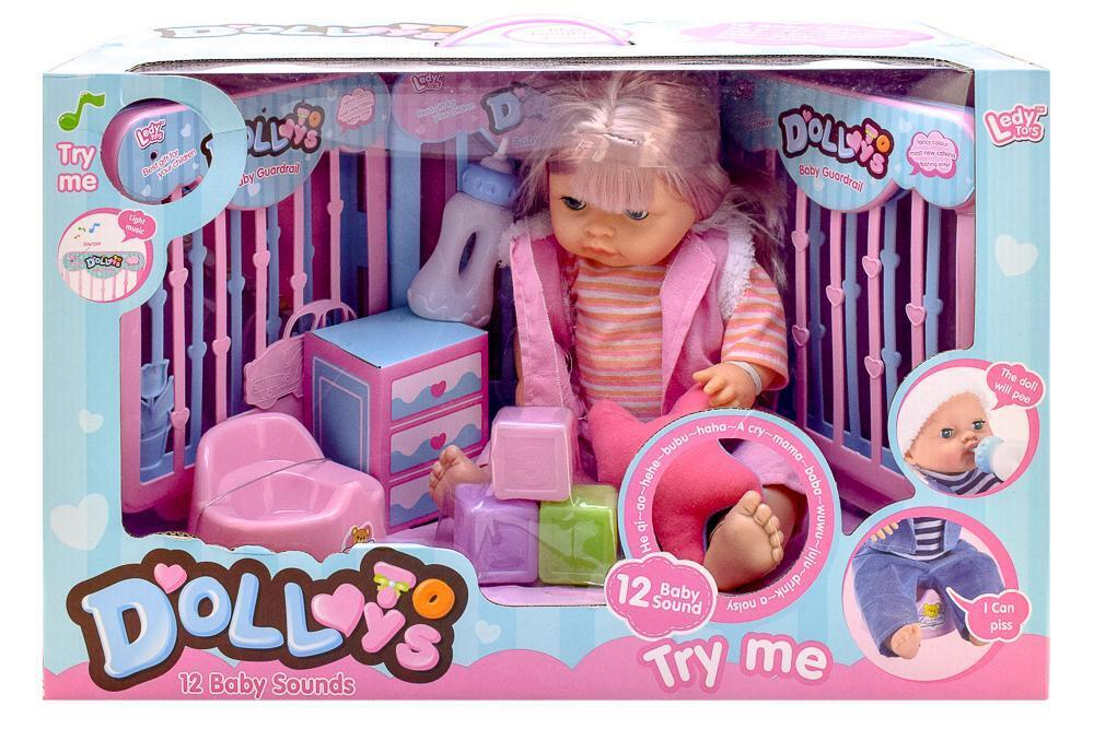 Пупс в теплой кофточке 40 см с аксесс. 8 предм., звук, пьет, писает, коробка LD9811C