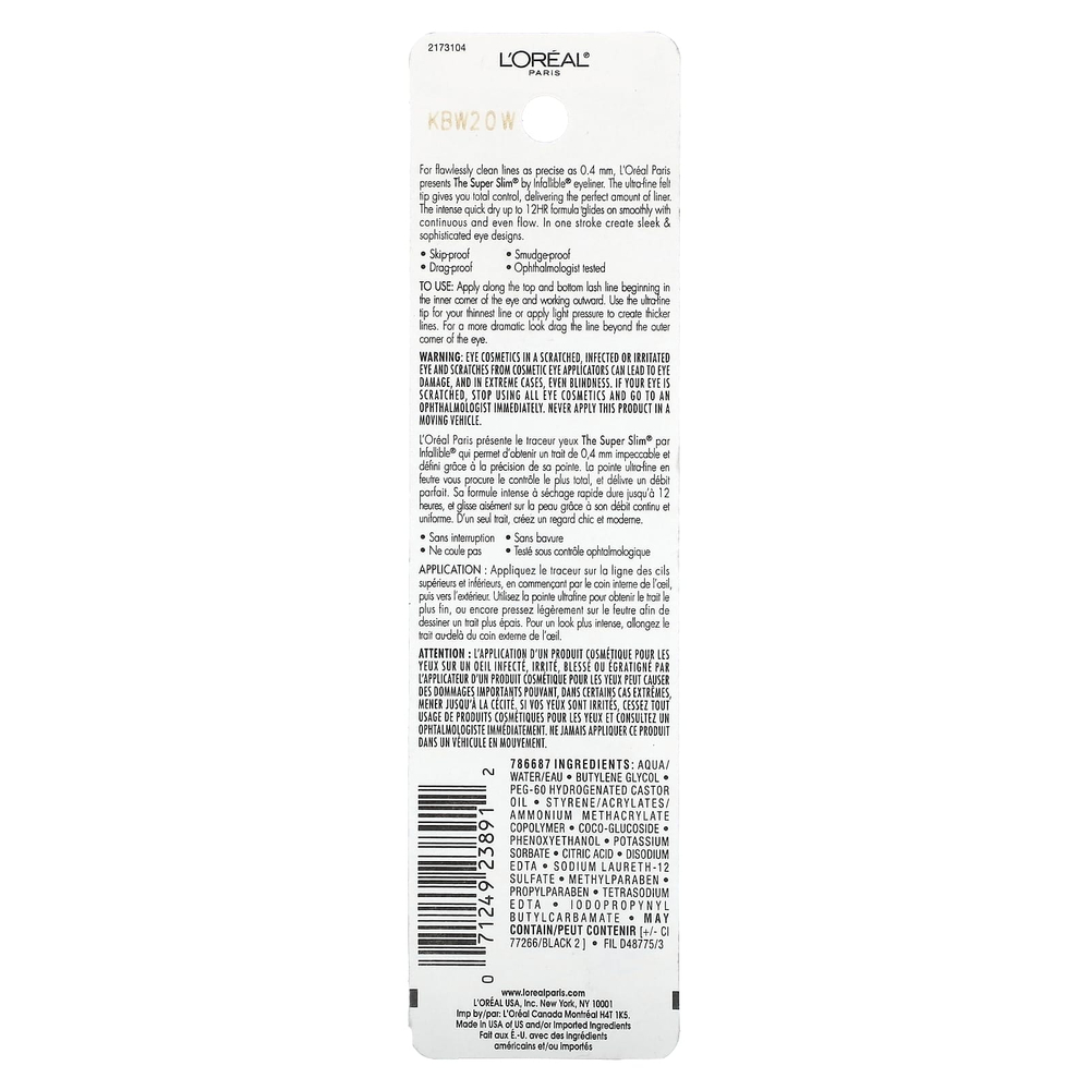 L'Oréal, Infallible, жидкая подводка для глаз Super Slim, 400 черных, 1 мл (0,034 жидк. унц.)