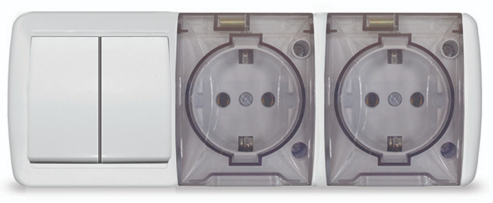 Блок горизонт. Клио UNIVersal Выкл. 2 кл. + Роз. 2гн. с/з IP54. с прозрачной крышкой серый К2240