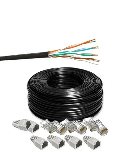 Комплект: Интернет кабель уличный витая пара UTP 4 cat.5e, одножильный с коннектором rj45 и колпачками rj45 внешний для наружной прокладки 100 метров