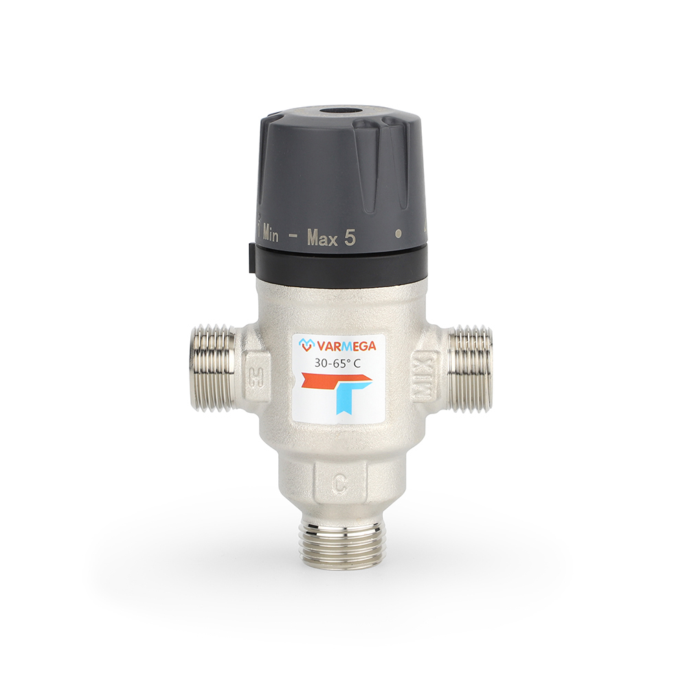 Клапан термостатический смесительный Varmega VM17201- 1/2" (НР, PN10, регулировка 30-65°C, KVS 1.6)