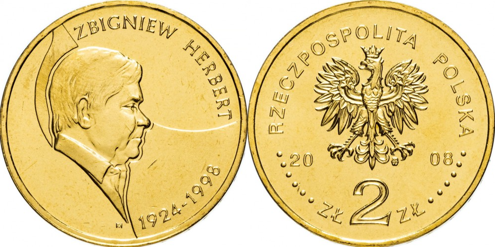 Польша 2 злотых, 2008 10 лет со дня смерти Збигнева Херберта aUNC