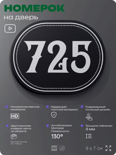 Номерок на дверь квартиры 725, для кабинета, офиса, шильдик 9 х 7 см, черный, Айдентика Технолоджи
