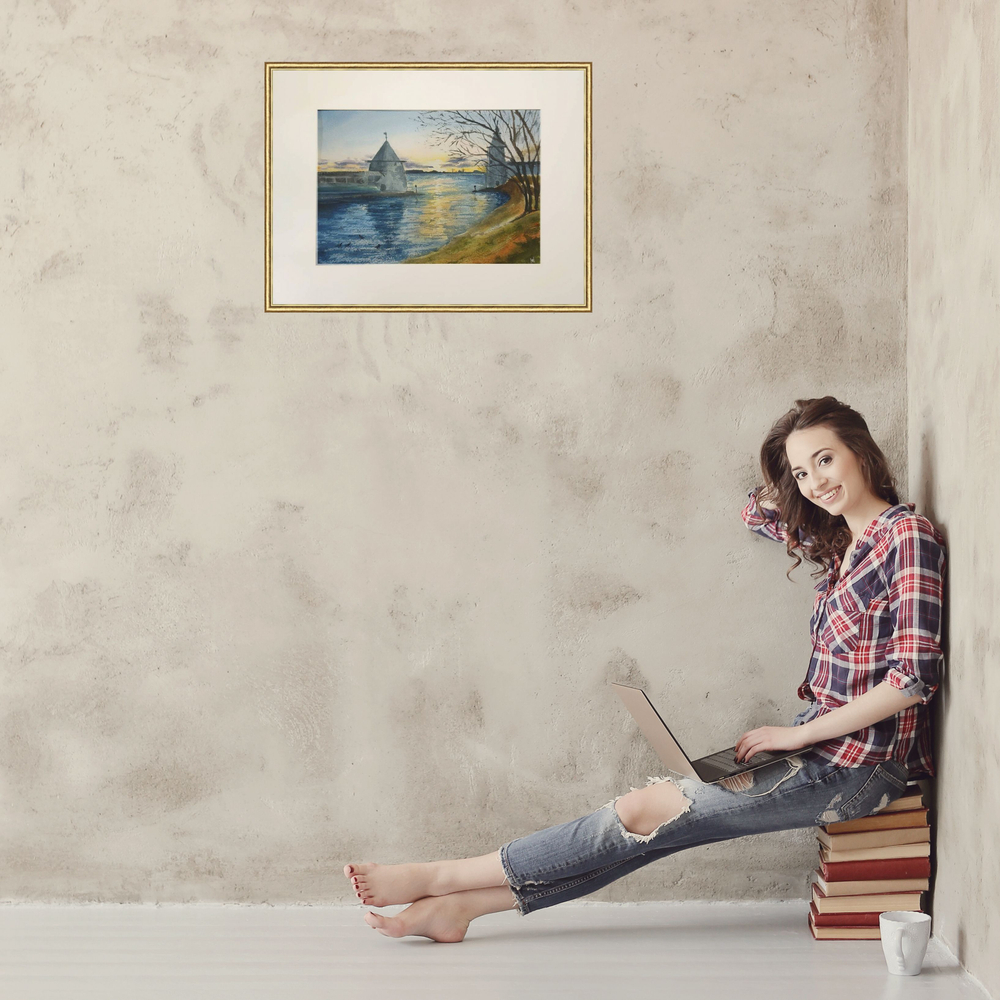 Картина авторская акварельная в паспарту 30х40 см на стену для интерьера "На берегу Псковы"