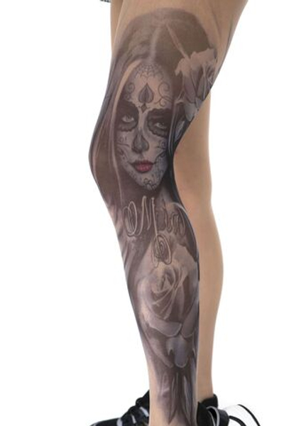 Колготки с крупным принтом-тату в виде девушки с макияжем калавера (Размер: S-M-L) (Цвет: бежевый)